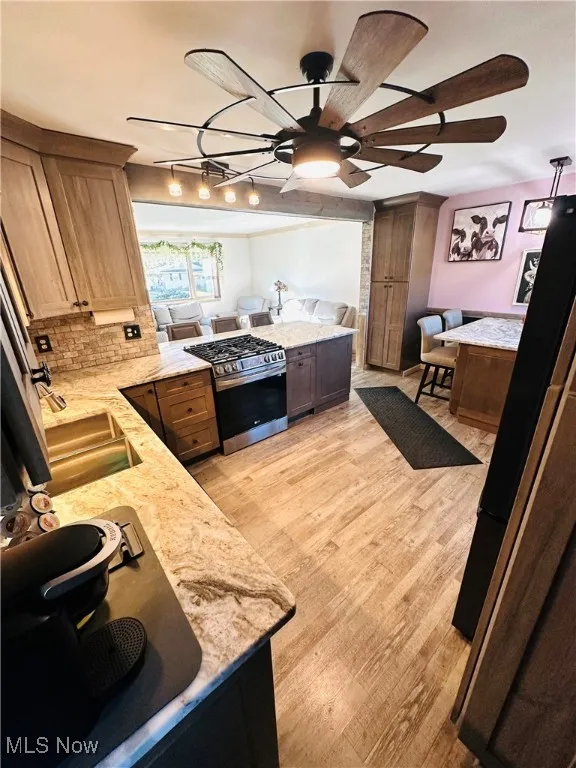 Kitchen with light stone counters, light wood finished floors, appliances with stainless steel finishes, and decorative backsplash