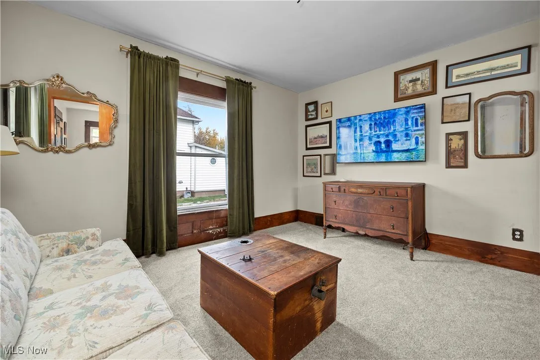 Living area with light colored carpet and baseboards