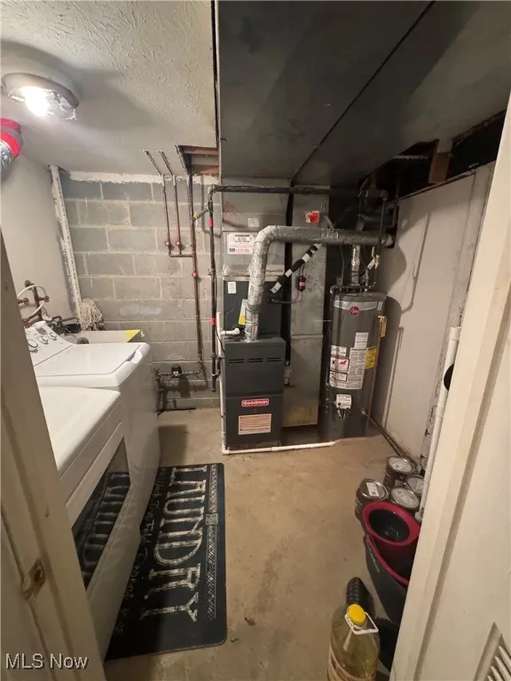 Utilities with gas water heater, separate washer and dryer, and heating unit
