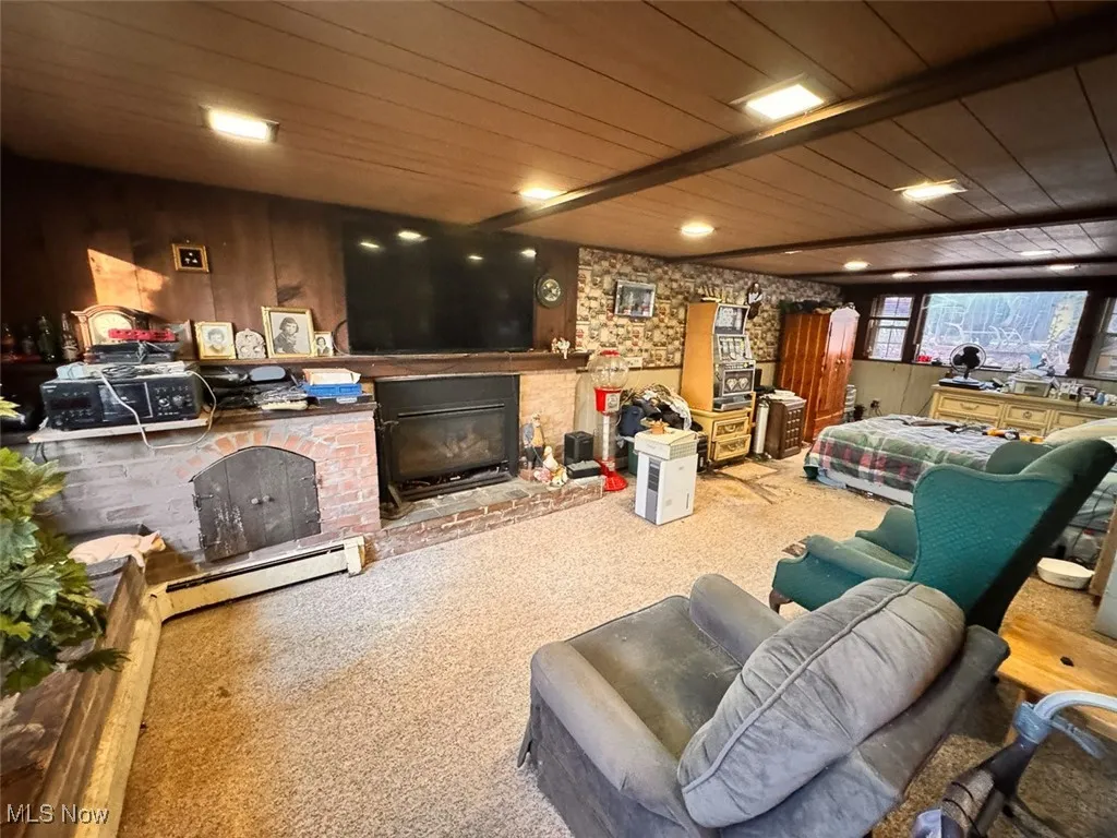 Family room featuring carpet, a fireplace, wood ceiling, and a baseboard radiator