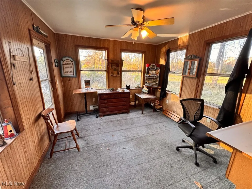 Enclosed patio featuring crown molding, wooden walls, and ceiling fan