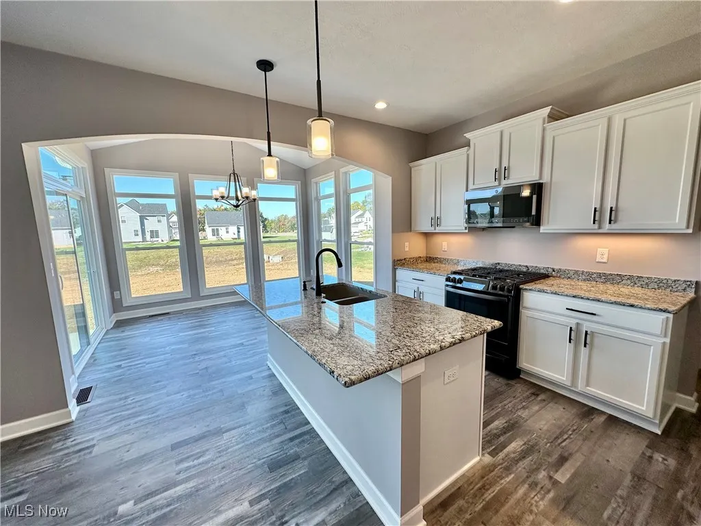 Kitchen with dark wood-type flooring, sink, decorative light fixtures, black appliances, and white cabinetry
