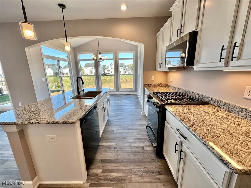 Kitchen featuring dark hardwood / wood-style flooring, sink, a kitchen island with sink, white cabinets, and black appliances