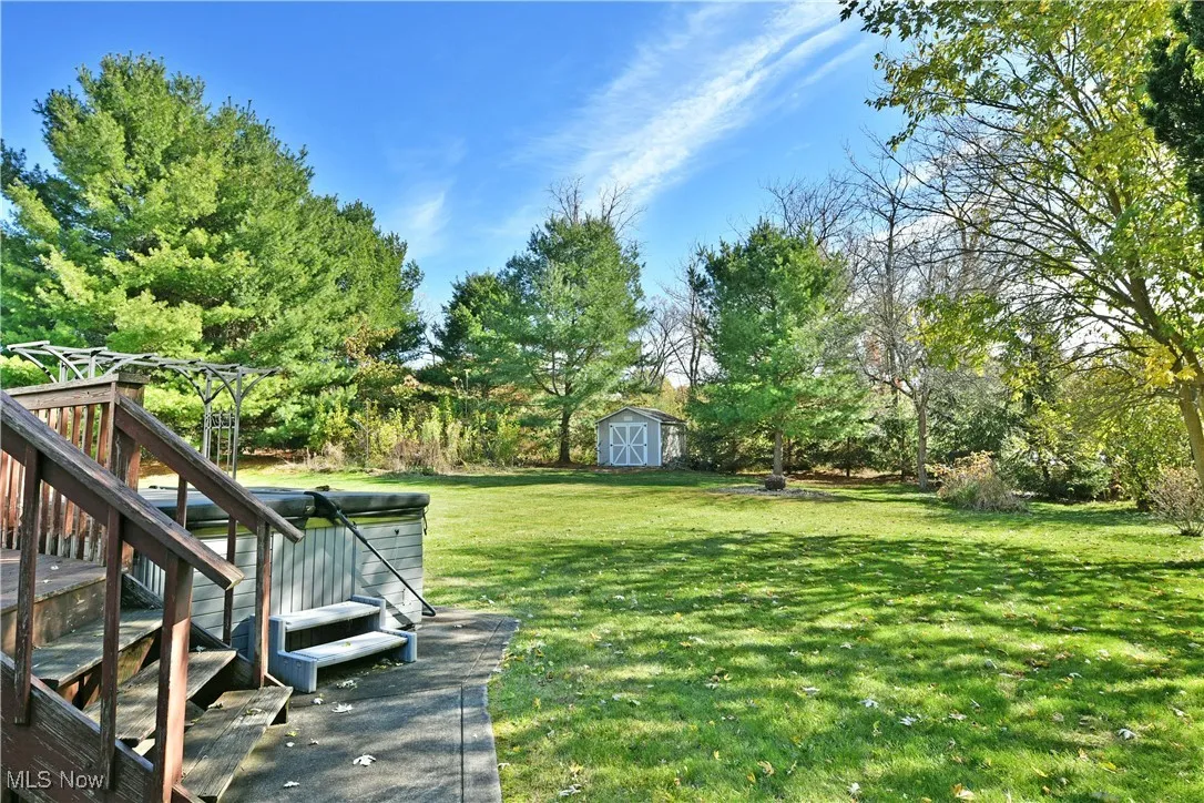 View of green lawn with a shed and view of scattered trees