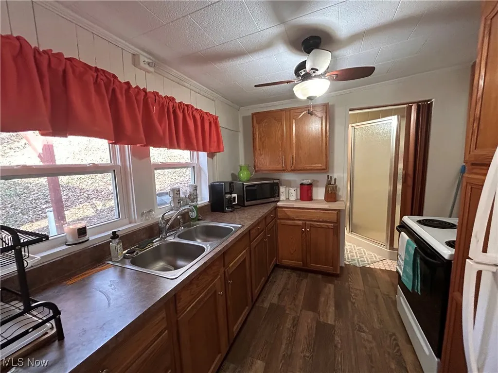 Kitchen with white electric range oven, crown molding, a sink, stainless steel microwave, and dark wood-style floors