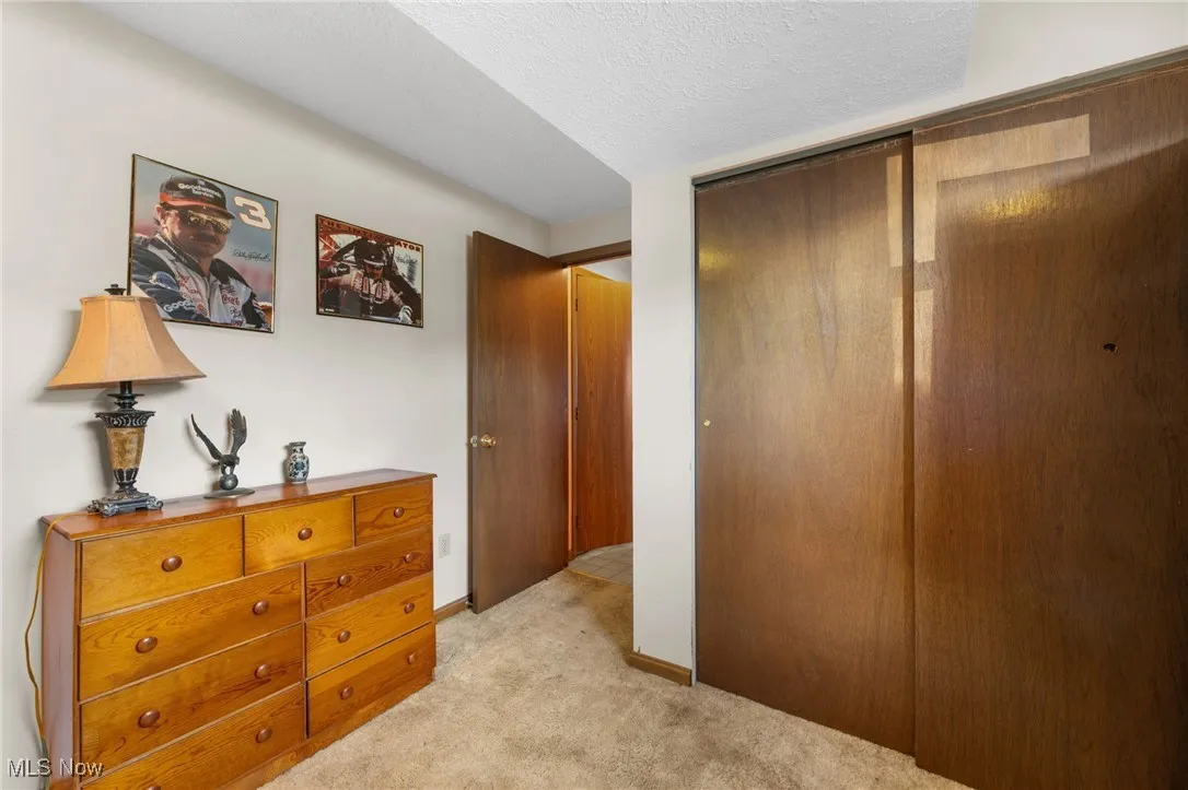 Bedroom featuring light carpet, a closet, and a textured ceiling