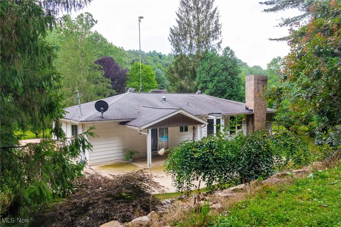 Back of house with roof with shingles and a chimney