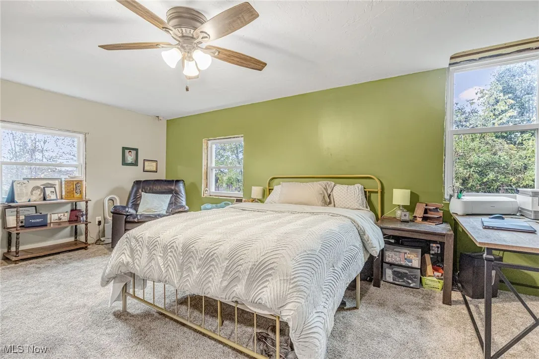 Bedroom featuring carpet flooring and ceiling fan