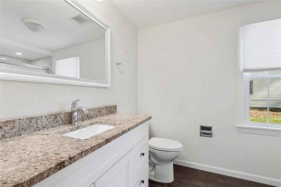 Full bath with dark wood-type flooring and vanity