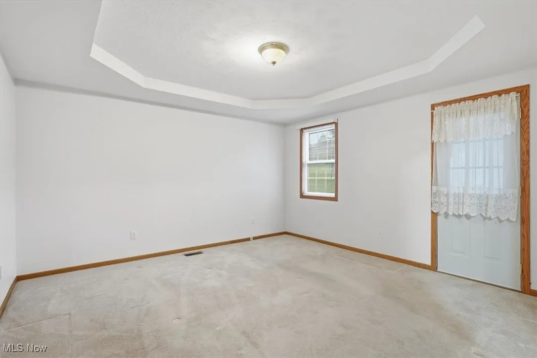 Spare room with a tray ceiling and light colored carpet