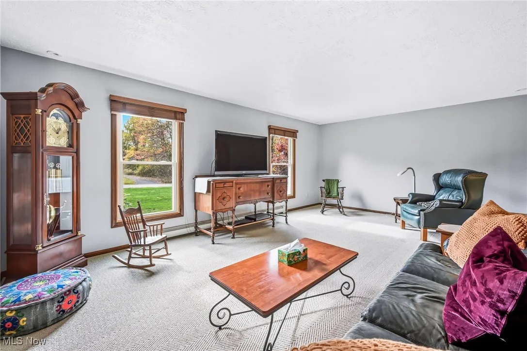 Living room with carpet floors and a textured ceiling