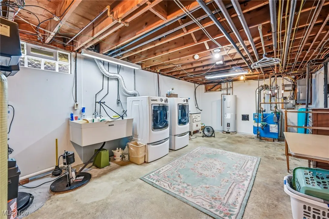 Basement with washing machine and clothes dryer, water heater, a heating unit, a water softener, and electric panel