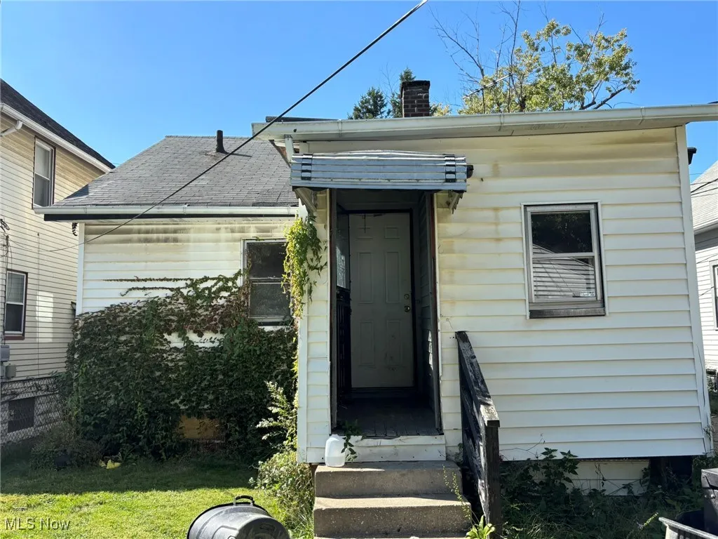Doorway to property featuring a chimney and a lawn