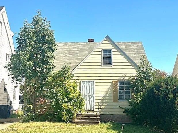 Back of property with a yard and roof with shingles