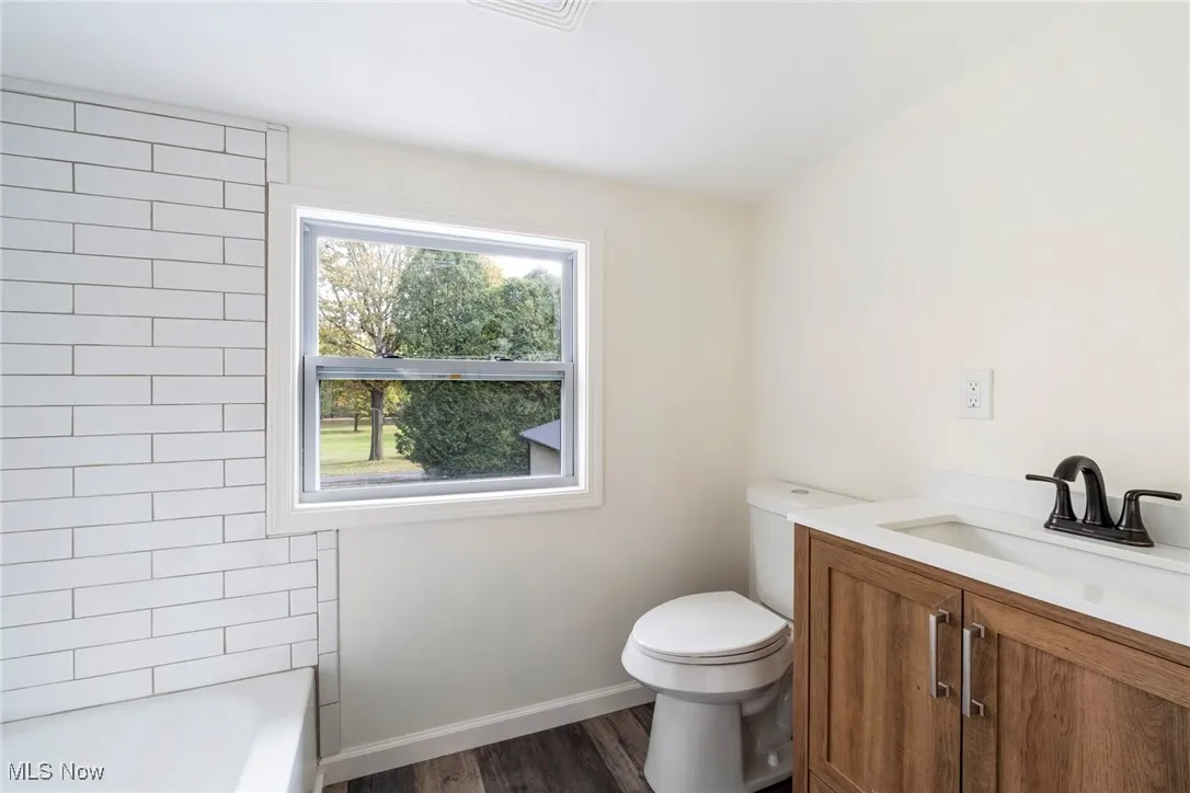 Bathroom featuring dark wood finished floors and vanity