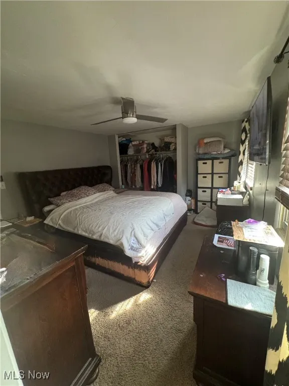 Bedroom with carpet floors, a closet, and ceiling fan