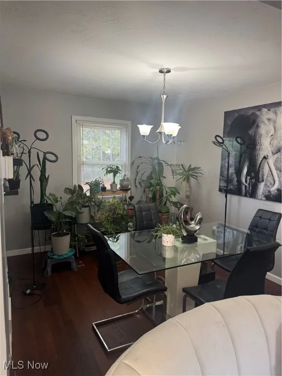 Dining space featuring dark wood-style flooring and a chandelier