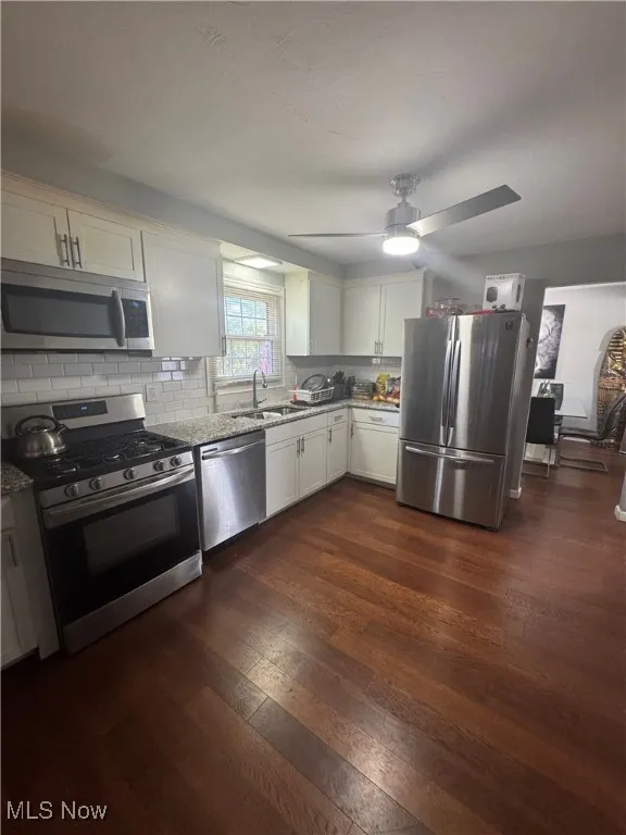 Kitchen featuring stainless steel appliances, white cabinetry, light stone counters, dark wood-type flooring, and a ceiling fan