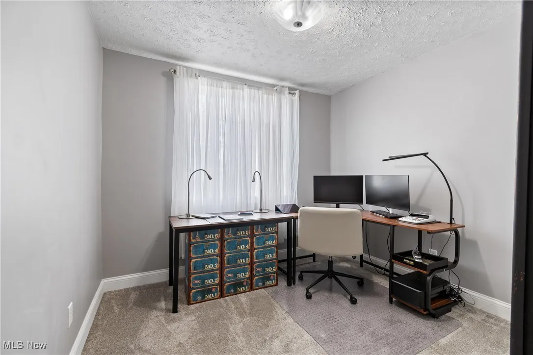 Home office featuring light colored carpet and a textured ceiling