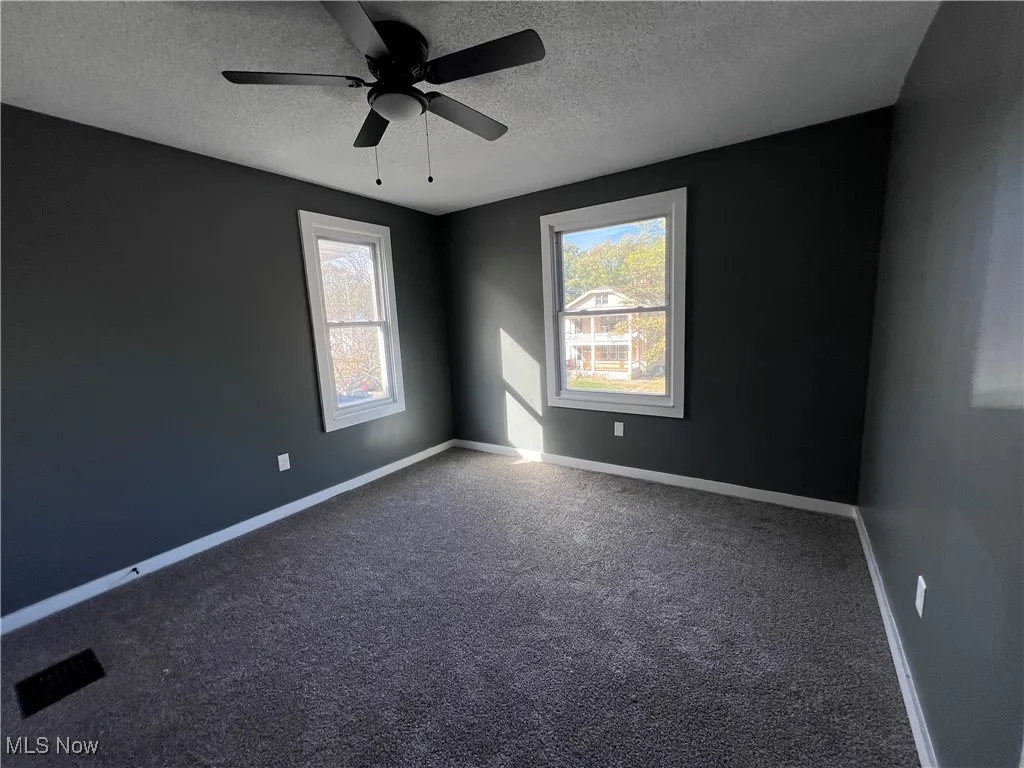 Empty room with carpet flooring, a textured ceiling, plenty of natural light, and a ceiling fan