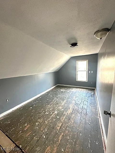 Additional living space featuring a textured ceiling, vaulted ceiling, and wood-type flooring