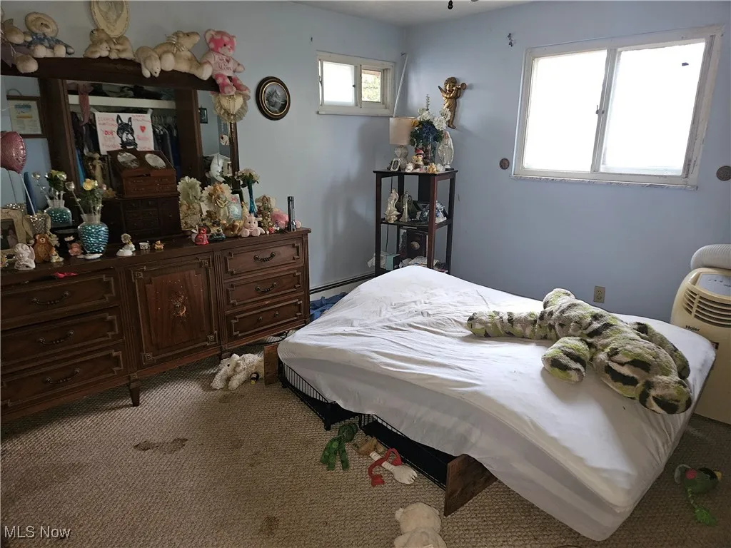 Carpeted bedroom with baseboard heating