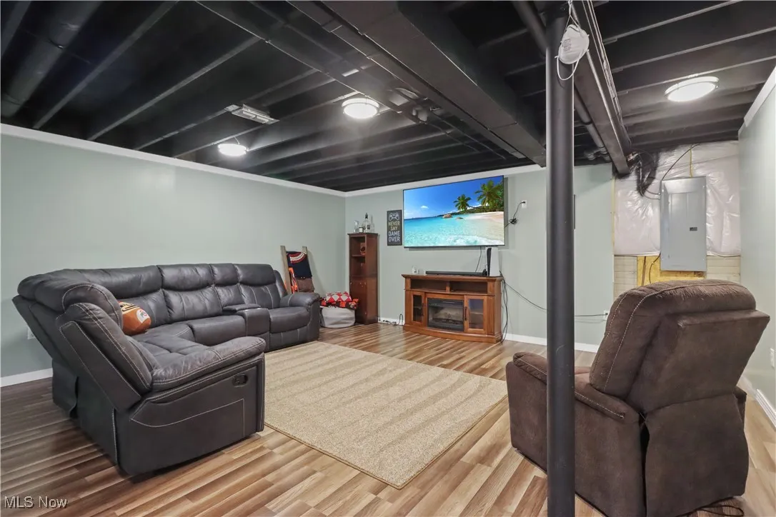Living area with wood finished floors and electric panel