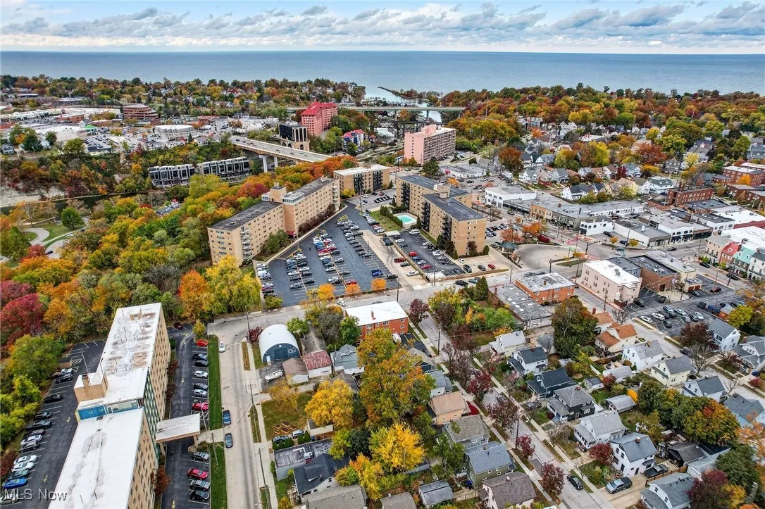 View of urban area with a large body of water