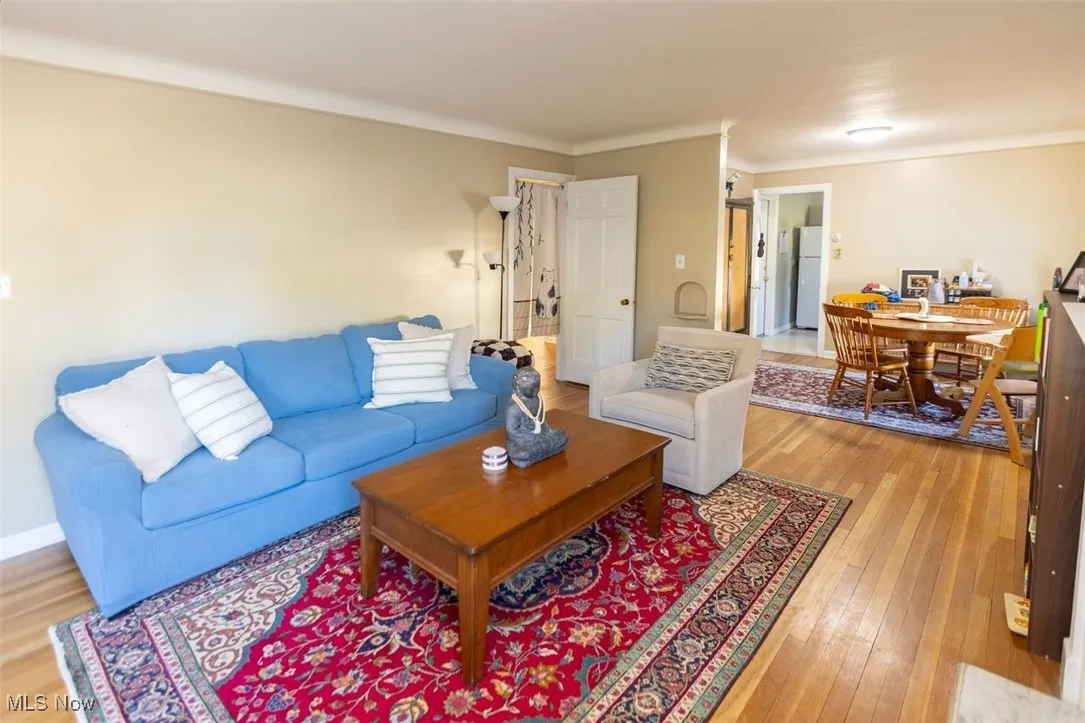 Down unit Living room featuring light wood-
type flooring and coved ceilings