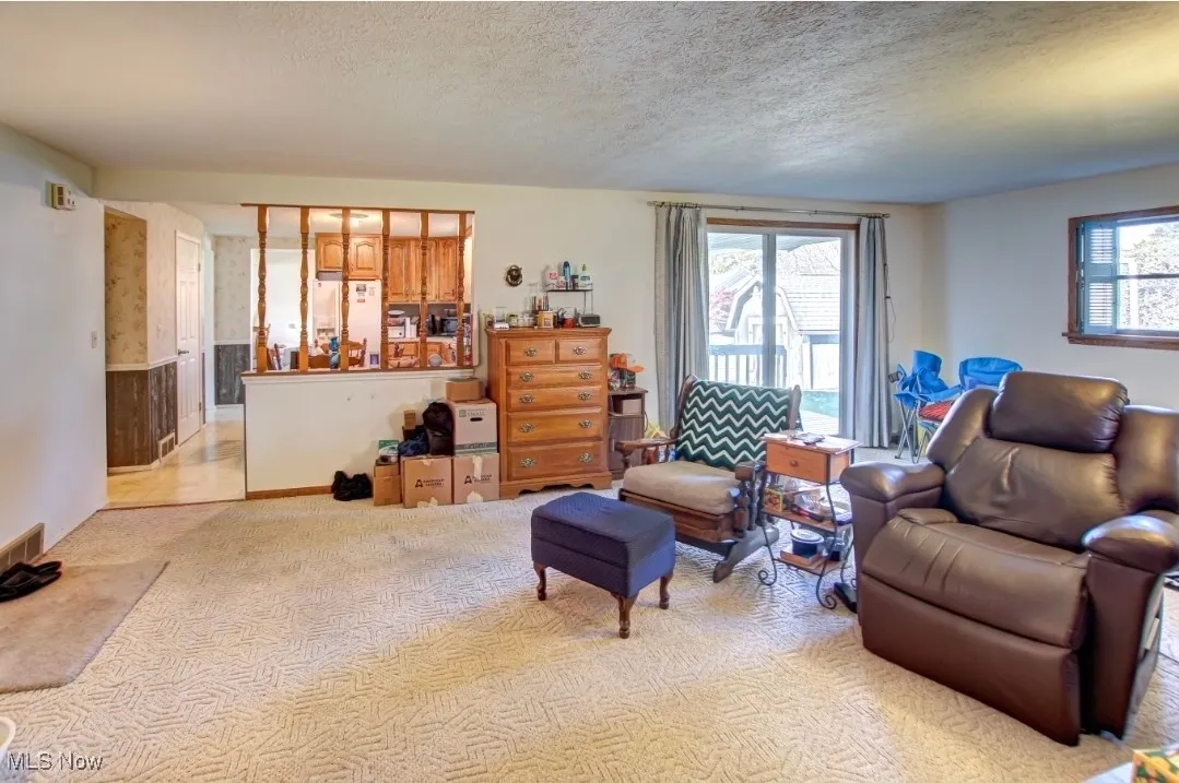 Living room with healthy amount of natural light, a textured ceiling, and light carpet