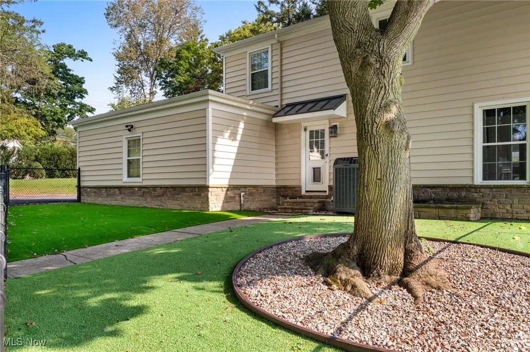 In 2025, turf and river rock replaced grass in this shaded side yard dog run.