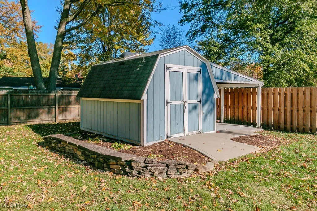 View of shed with a fenced backyard