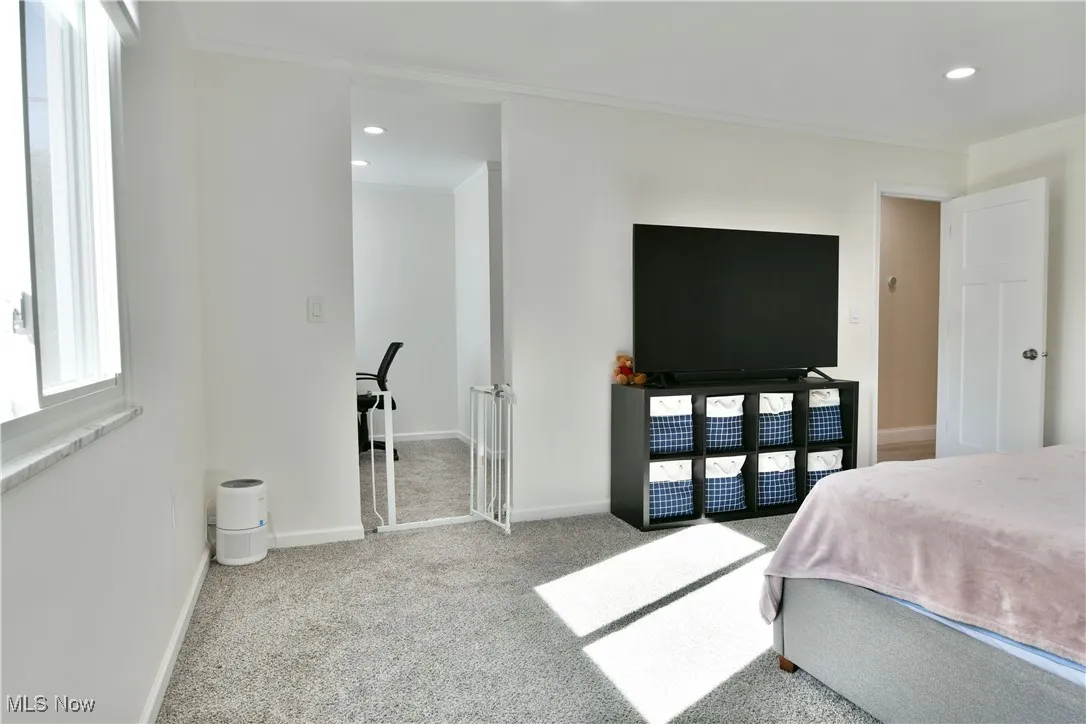 Bedroom with light colored carpet, crown molding, and recessed lighting