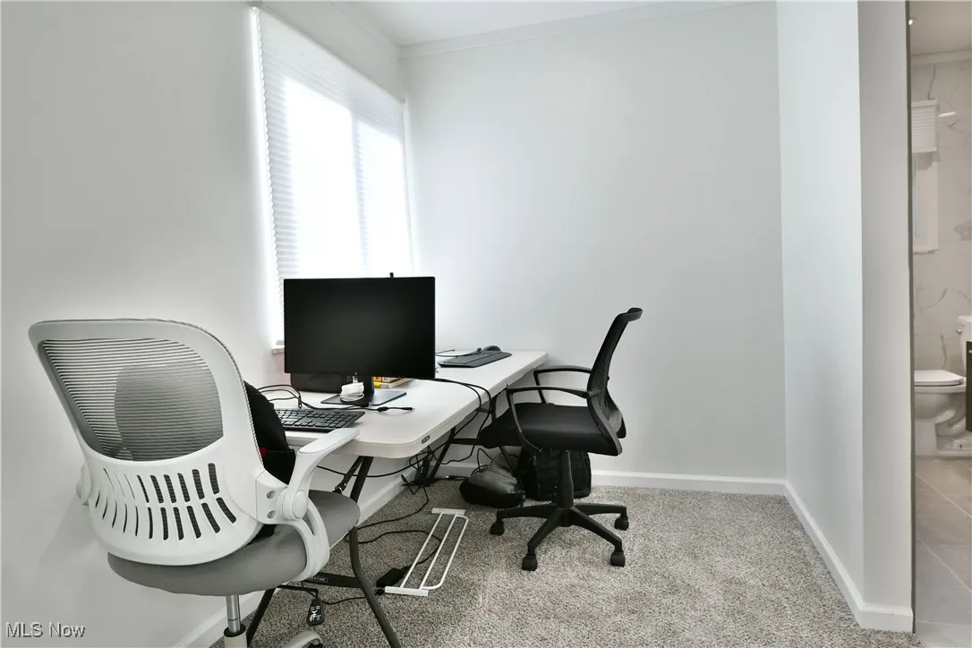Office area featuring ornamental molding and light colored carpet