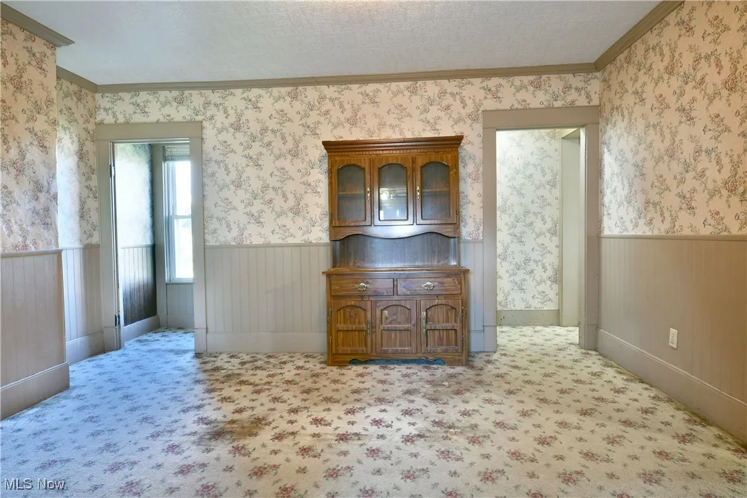 Carpeted empty room featuring crown molding, wainscoting, and wallpapered walls