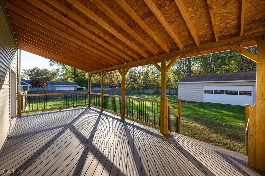 Wooden deck featuring an outbuilding and a fenced backyard