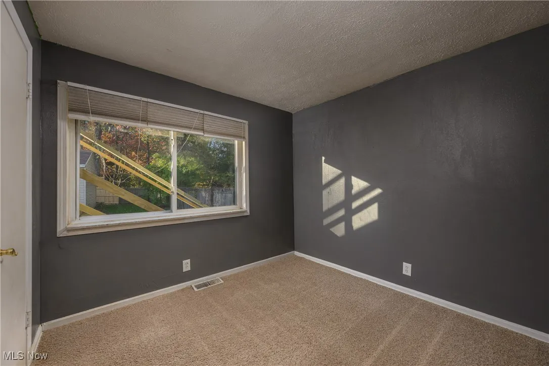 Unfurnished room with carpet and a textured ceiling