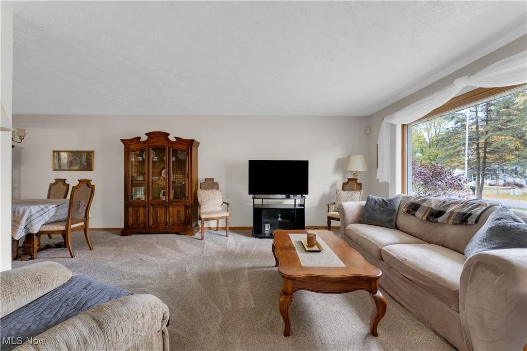 Carpeted living room with a textured ceiling