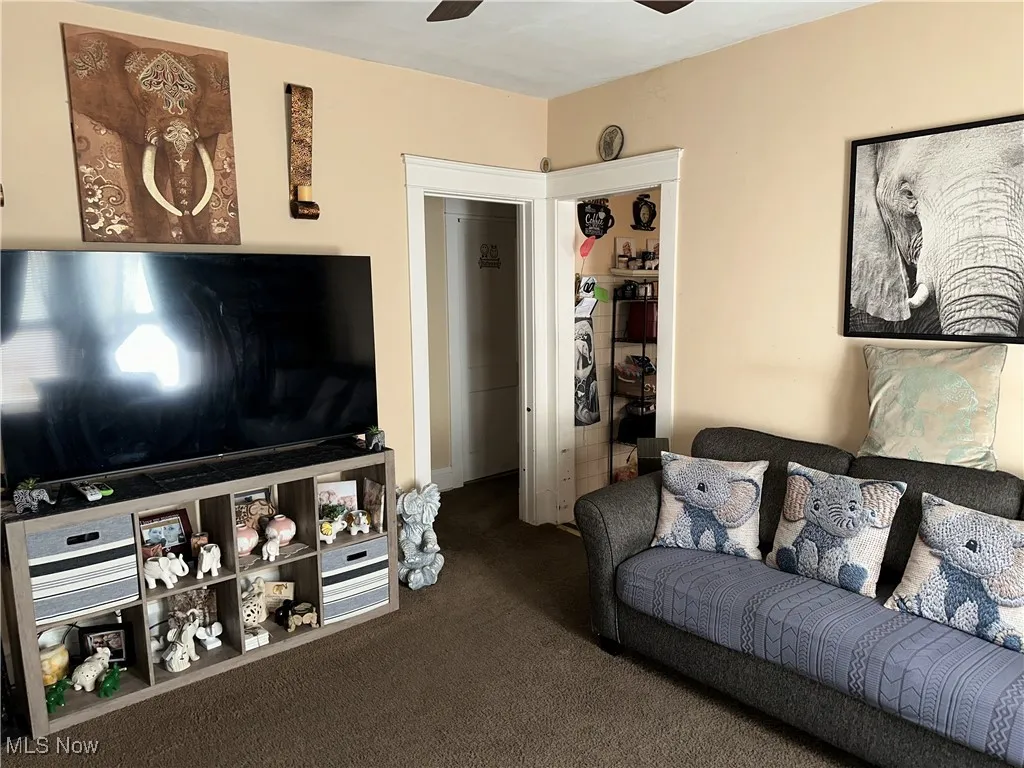 Carpeted living room featuring a ceiling fan