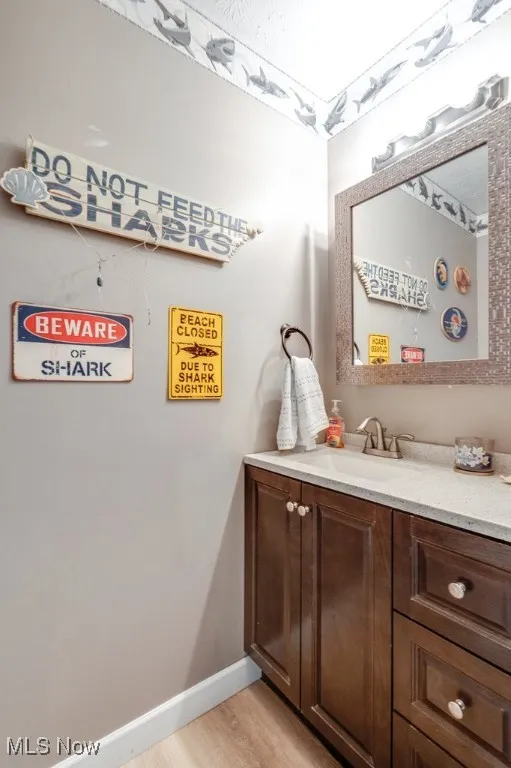 Bathroom with vanity and light wood-style floors