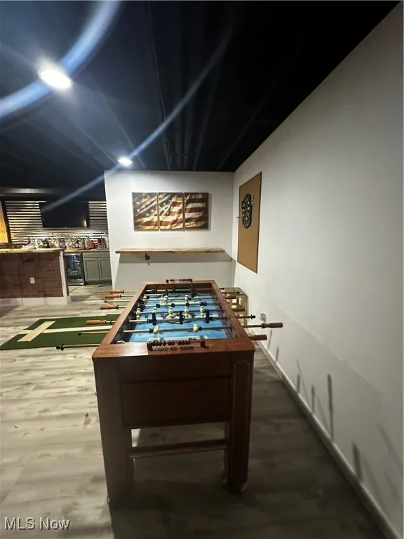 Rec room featuring wood finished floors and wine cooler