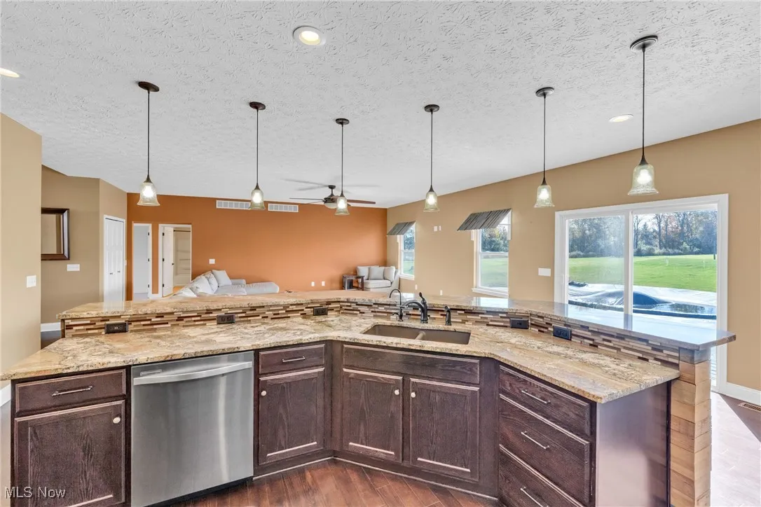 Kitchen with dark brown cabinets, dishwasher, a ceiling fan, dark wood-style floors, and a textured ceiling