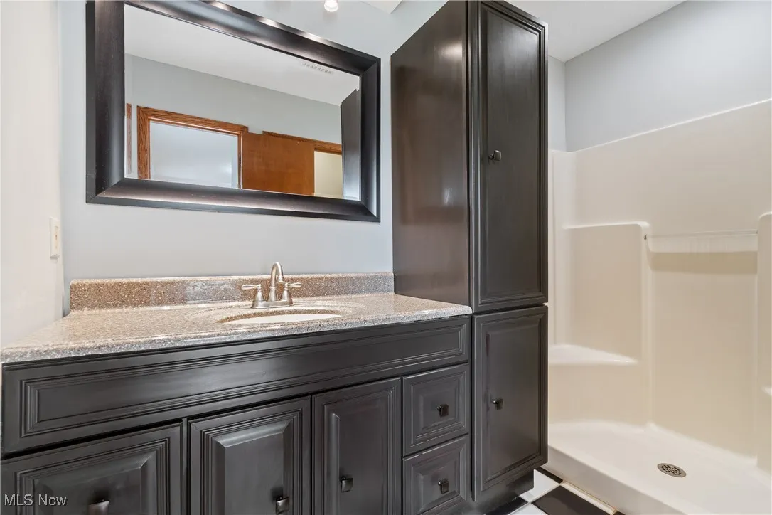 Full bath with vanity and a stall shower