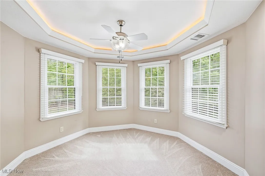 master suite sitting area with light colored carpet, a tray ceiling, and ceiling fan