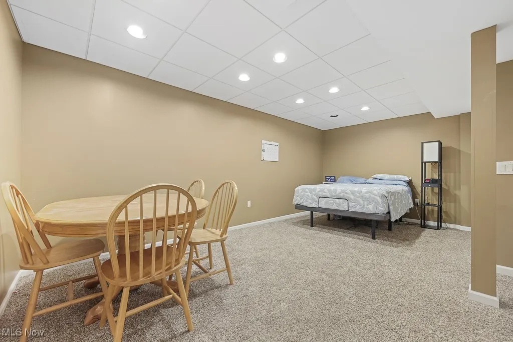 Recreation woom with light carpet, recessed lighting, and a paneled ceiling