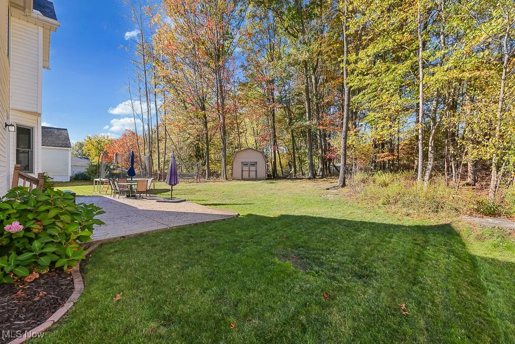 View of grassy yard with a patio and a storage shed