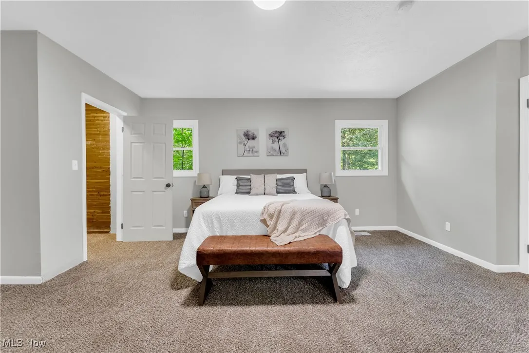 Carpeted bedroom with baseboards