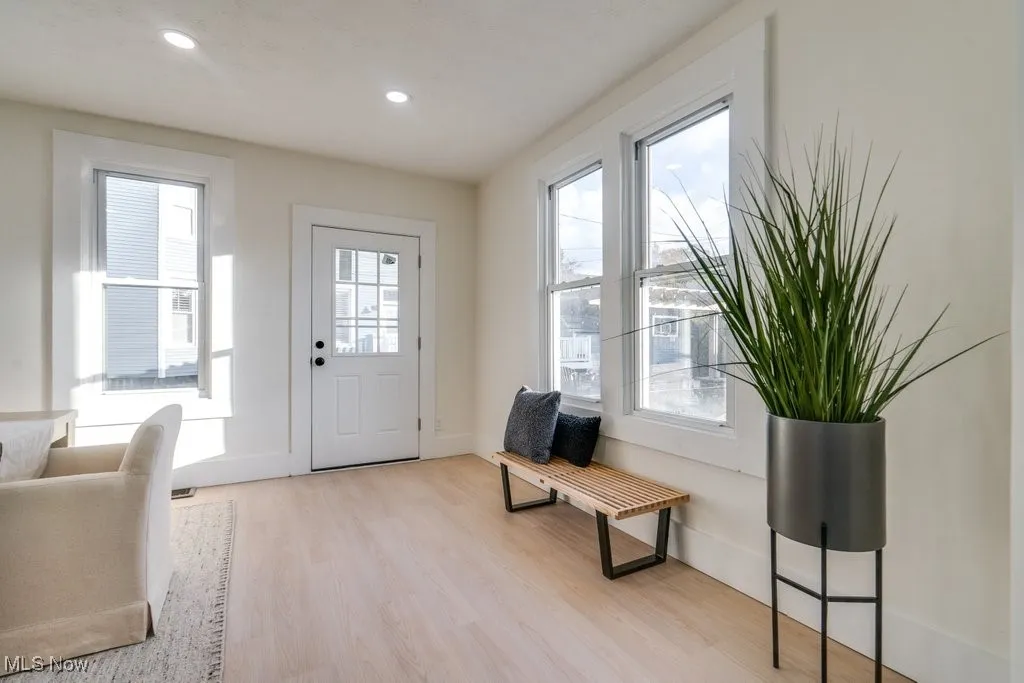 Foyer entrance featuring light wood finished floors, healthy amount of natural light, and recessed lighting