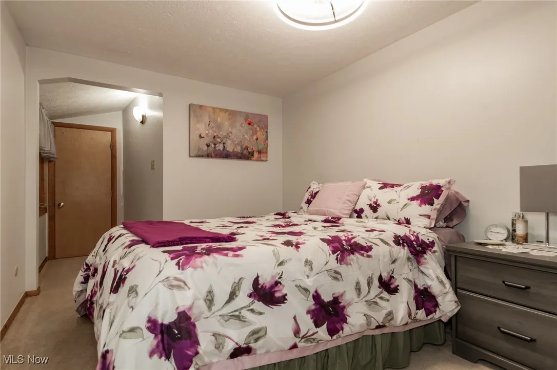 Bedroom with light colored carpet, a textured ceiling, and lofted ceiling