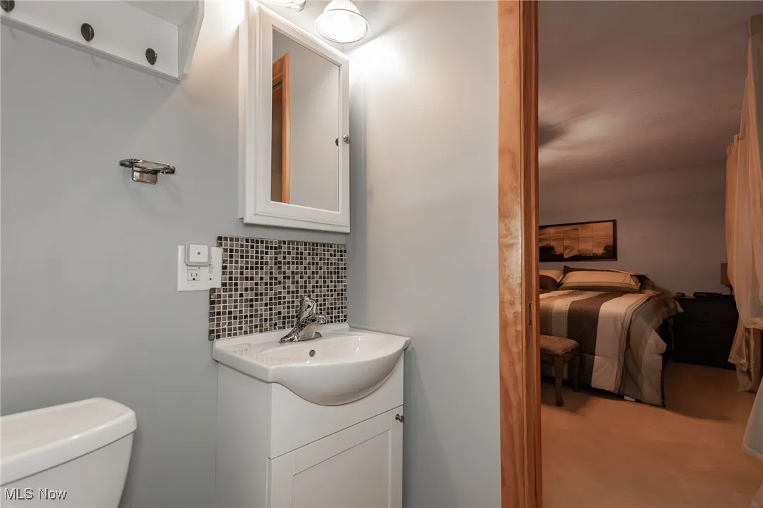 Half bath with backsplash, vanity, ensuite bath, and carpet floors